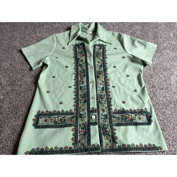 Vintage 70's Mint Green Floral Button Down Shirt Ugly Hippie Mod Retro Disco